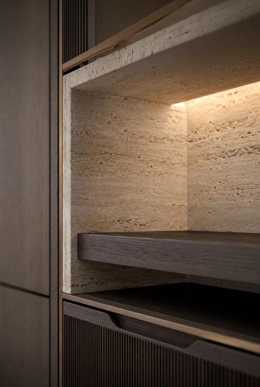 X4 Design and Build illuminated shelf detail with travertine stone finish, warm hidden LED lighting, wood shelf, ribbed cabinet front, and refined interior fit-out execution